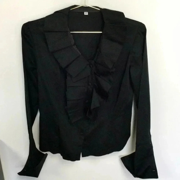 Womens Black Ruffle Trim Curved Hem Button Front Long Sleeve Blouse Size Medium - Picture 2 of 14